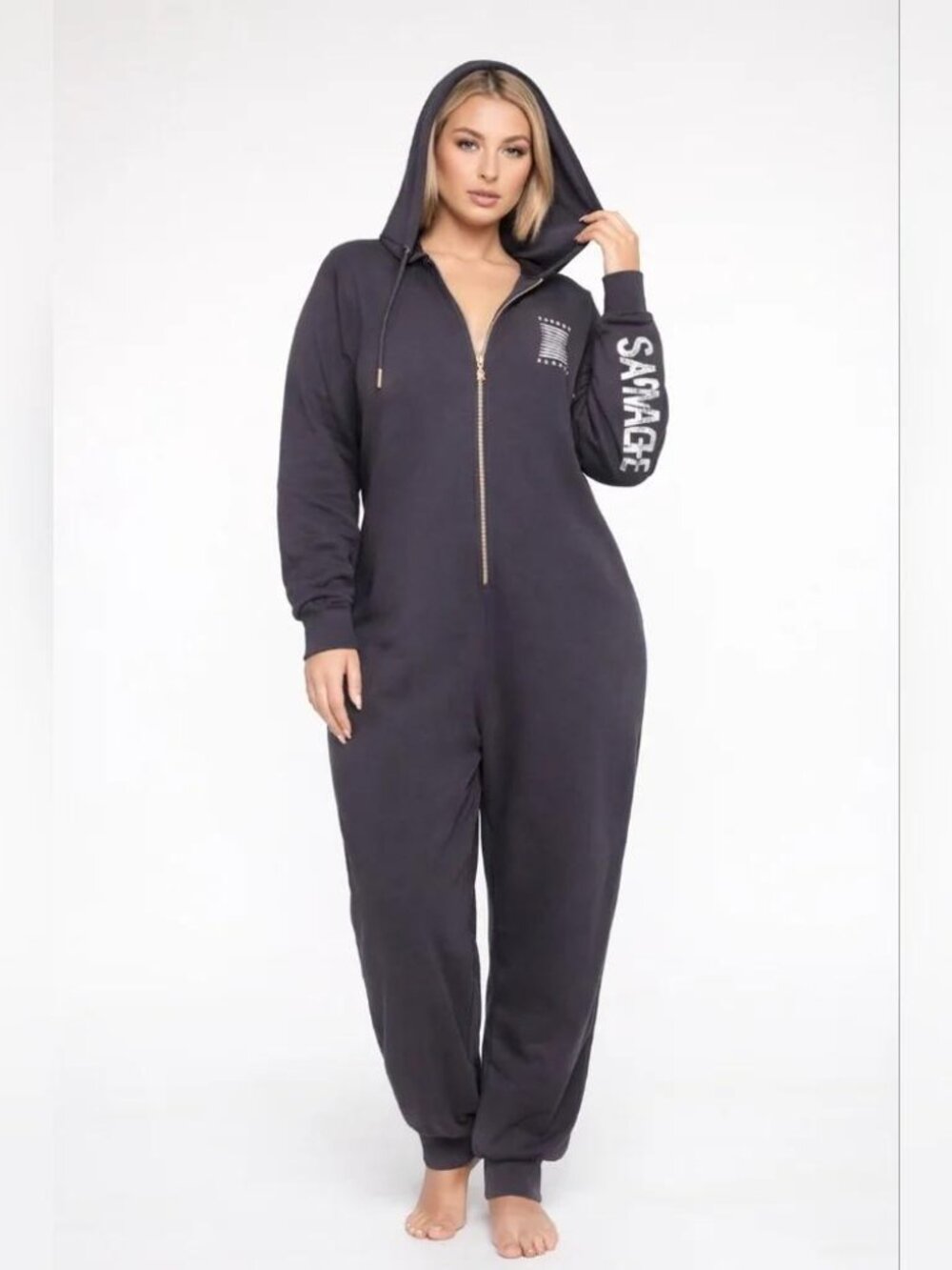 Savage X Fenty Dark Gray Women Hooded One Piece jumpsuit Lounge Suit Size L NWT